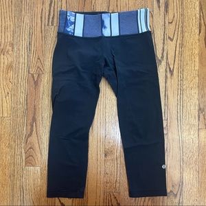 Lululemon Black Capri Leggings With Blue Printed Waistband